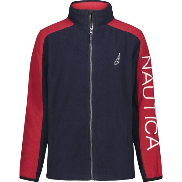 NEW Nautica Boys‎ Stripe Nautex Fleece Jacket Navy Blue Red Logo Full Zip LG/6 - Picture 1 of 2